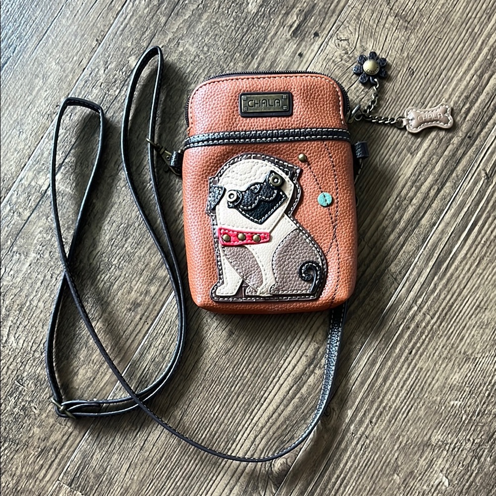 Chala Tan Crossbody Bag with Pug Appliqué